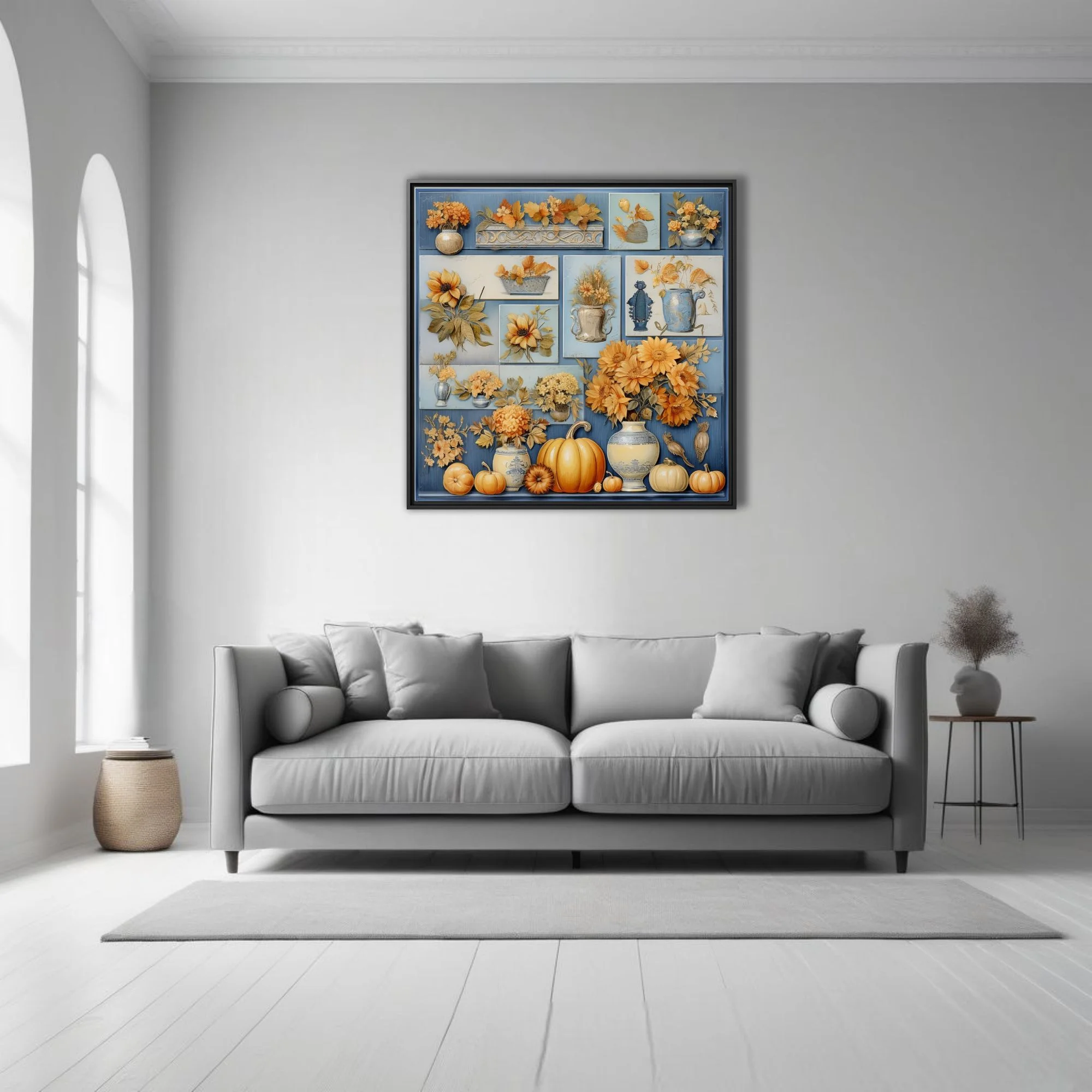 Vintage-style autumn botanical collage with amber florals, pumpkins, and blue ceramic vessels
