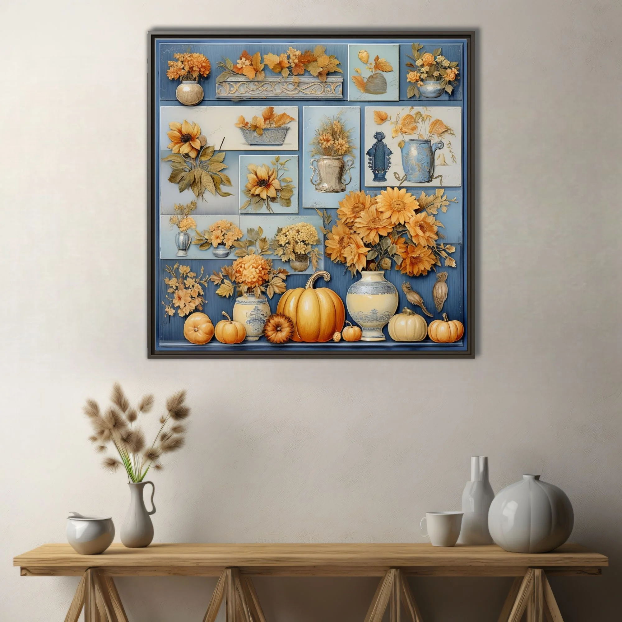 Vintage-style autumn botanical collage with amber florals, pumpkins, and blue ceramic vessels