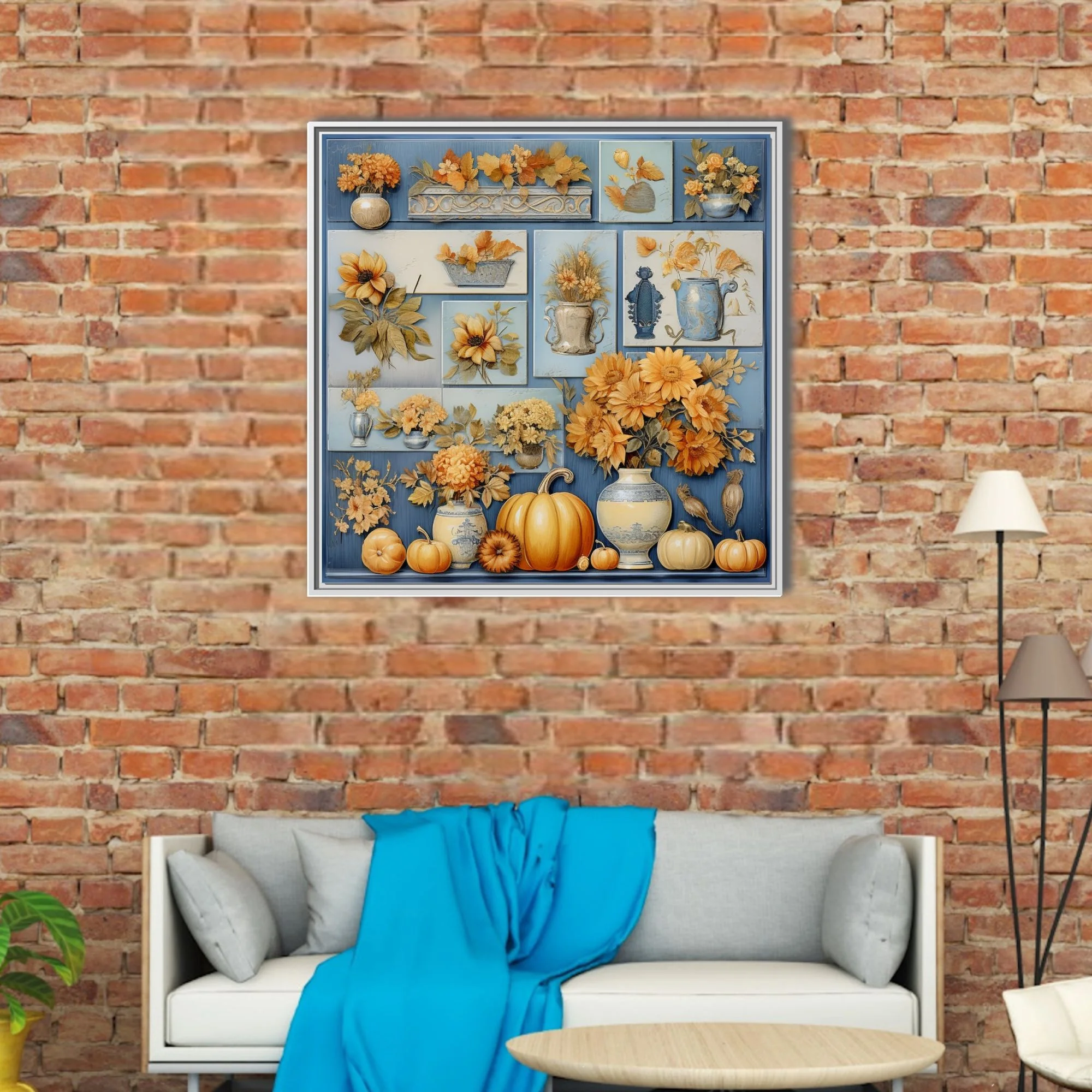 Vintage-style autumn botanical collage with amber florals, pumpkins, and blue ceramic vessels