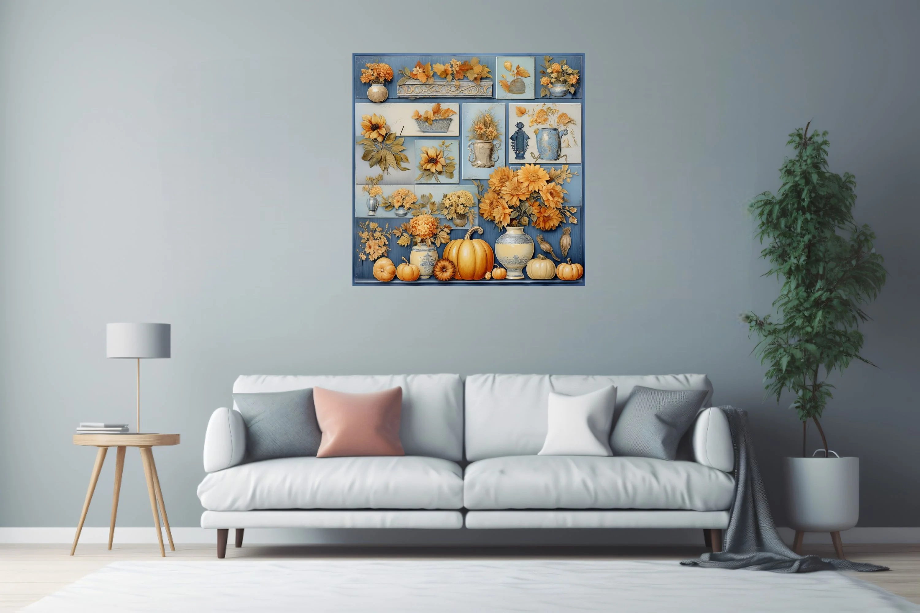 Vintage-style autumn botanical collage with amber florals, pumpkins, and blue ceramic vessels