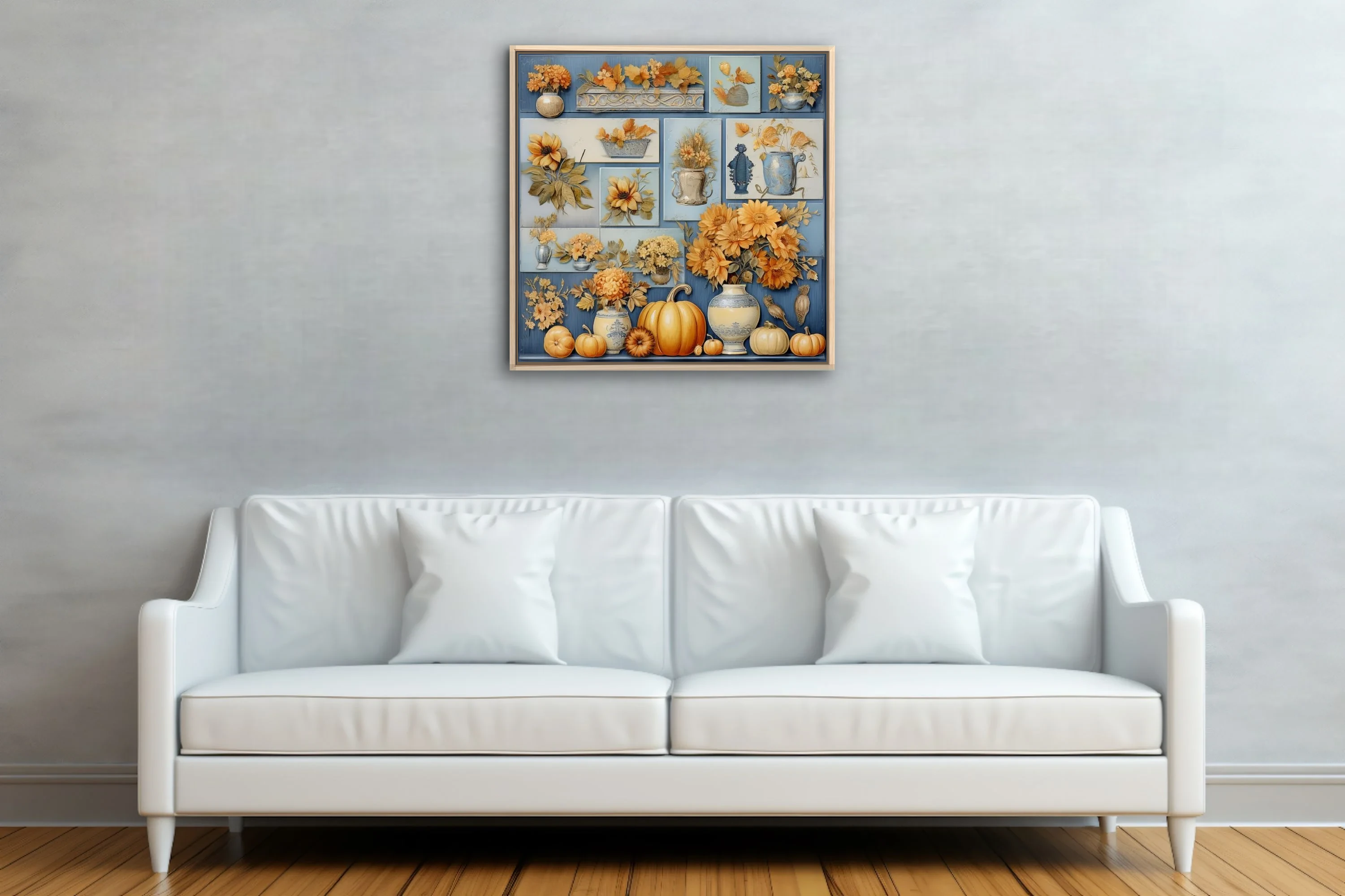 Vintage-style autumn botanical collage with amber florals, pumpkins, and blue ceramic vessels