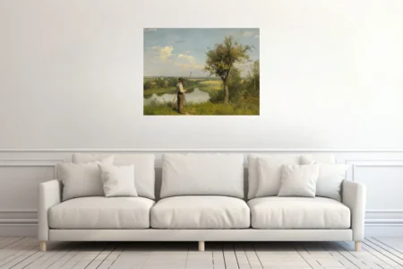 Soft painterly pastoral landscape with figure above a river, sage and ochre tones under a breezy sky