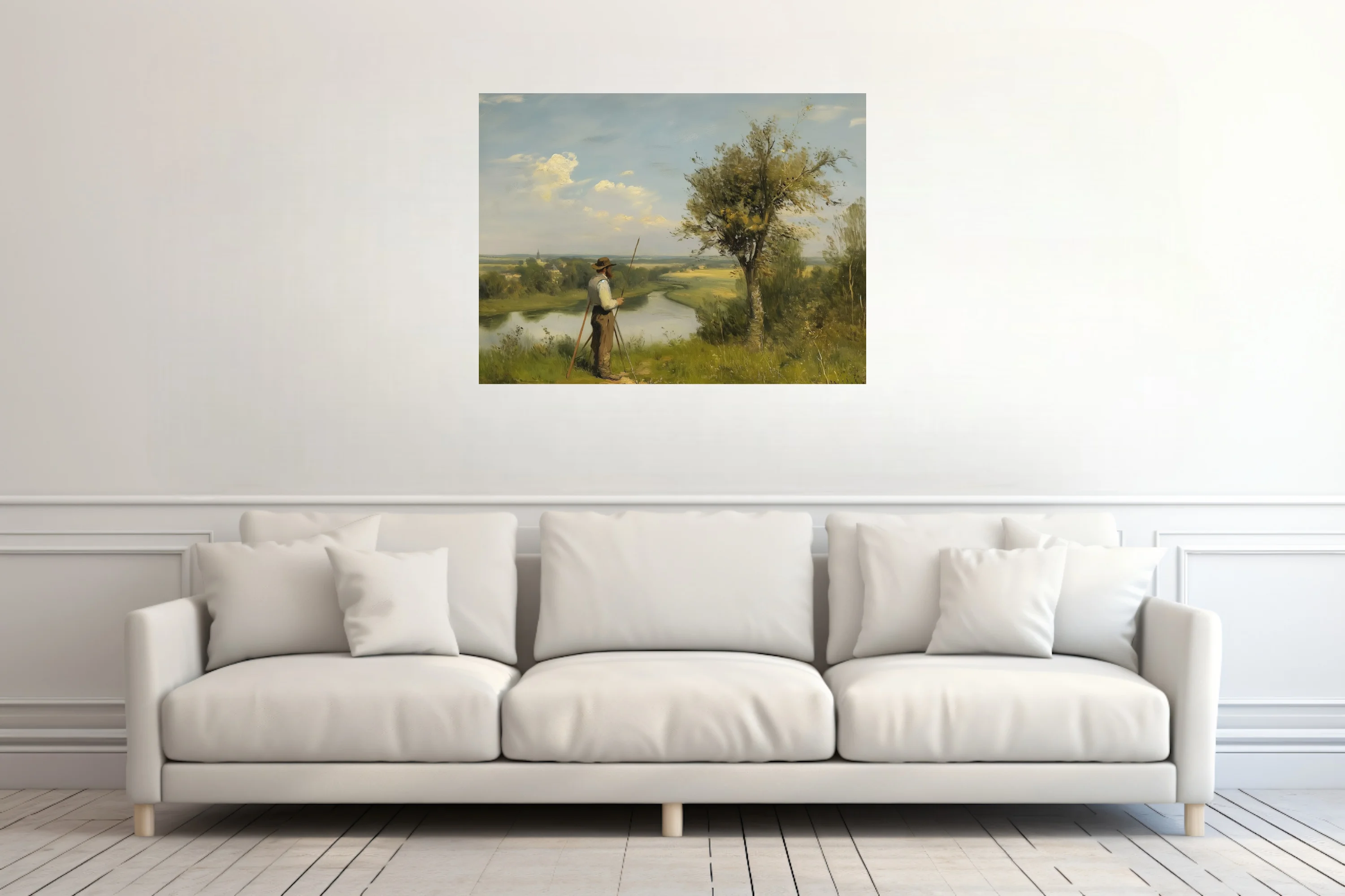 Soft painterly pastoral landscape with figure above a river, sage and ochre tones under a breezy sky