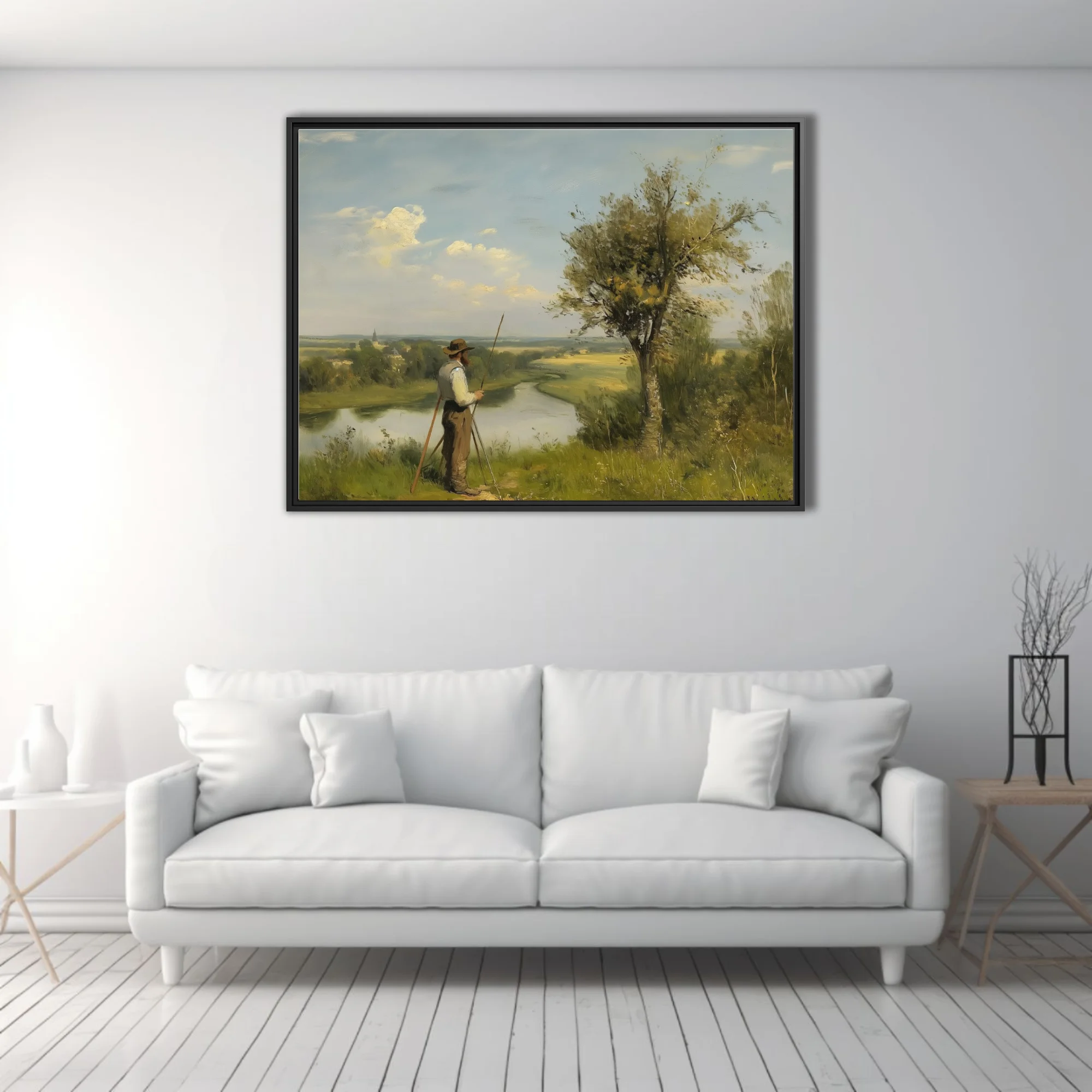 Soft painterly pastoral landscape with figure above a river, sage and ochre tones under a breezy sky