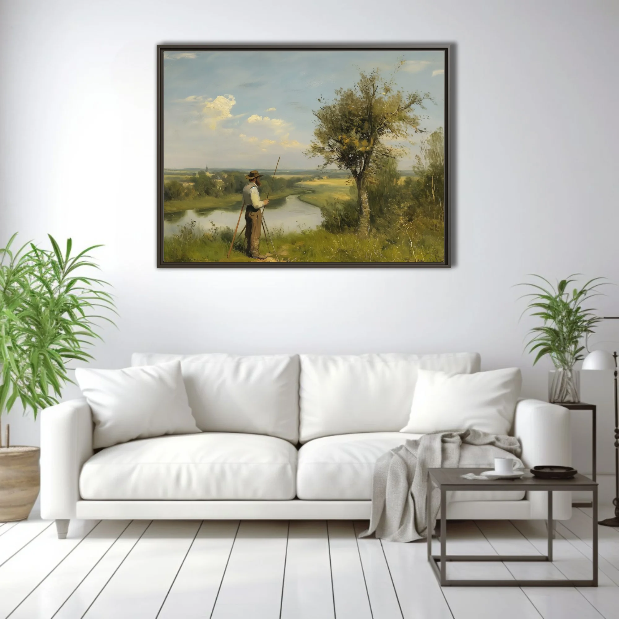 Soft painterly pastoral landscape with figure above a river, sage and ochre tones under a breezy sky