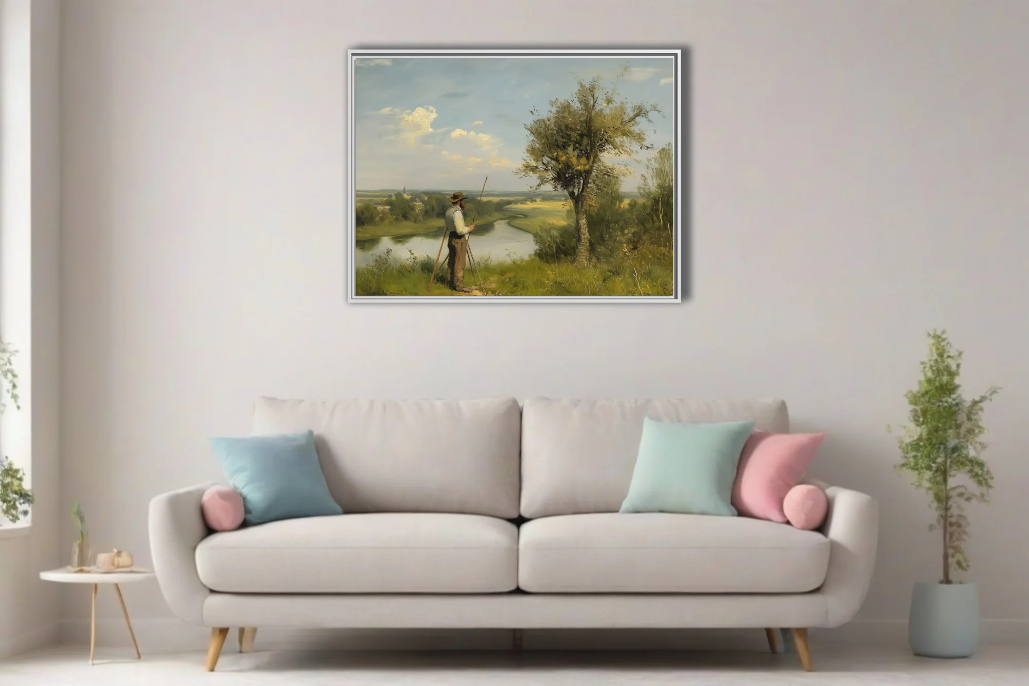 Soft painterly pastoral landscape with figure above a river, sage and ochre tones under a breezy sky