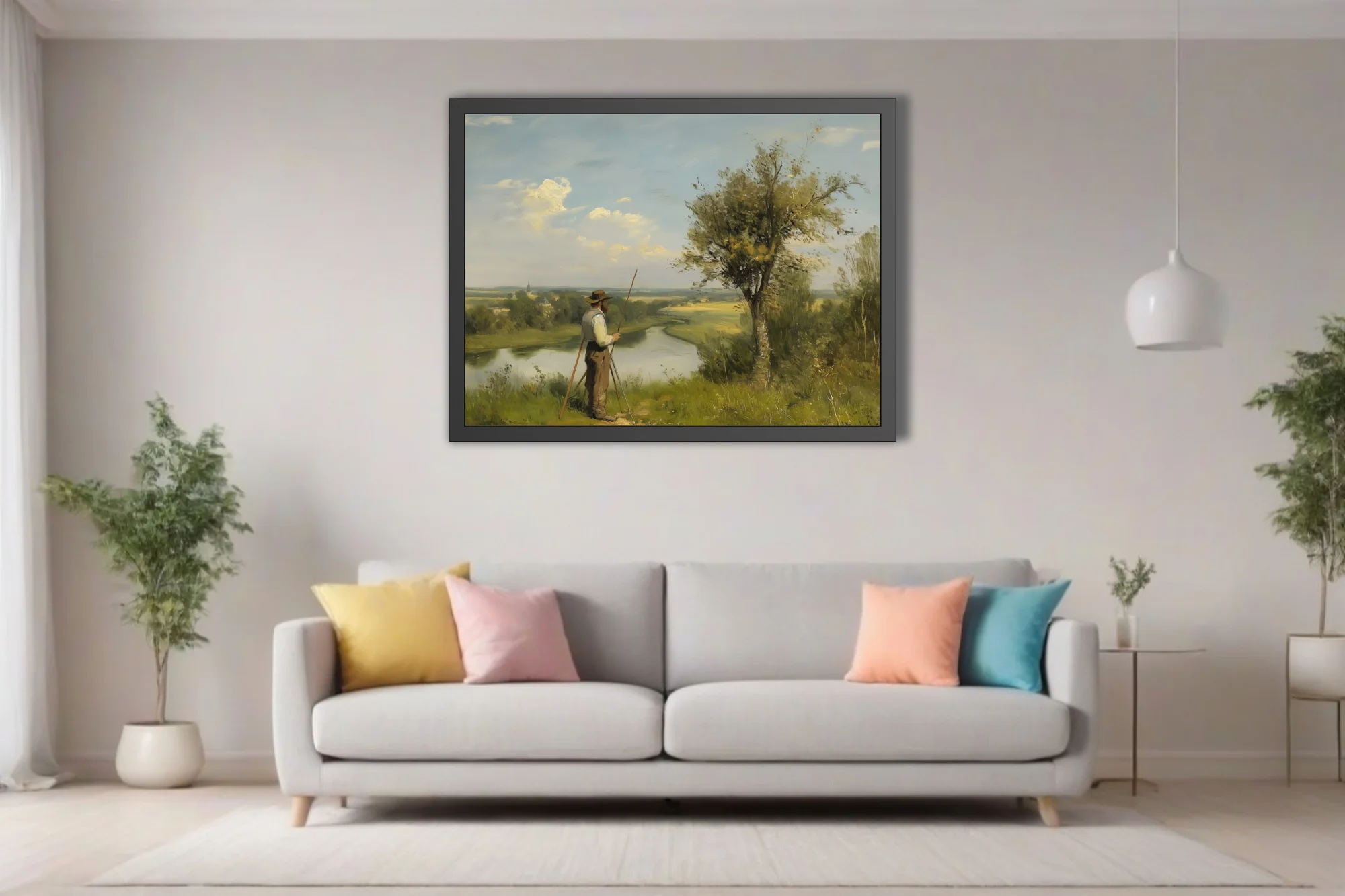 Soft painterly pastoral landscape with figure above a river, sage and ochre tones under a breezy sky