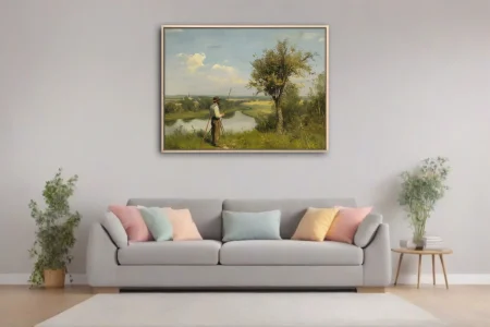 Soft painterly pastoral landscape with figure above a river, sage and ochre tones under a breezy sky