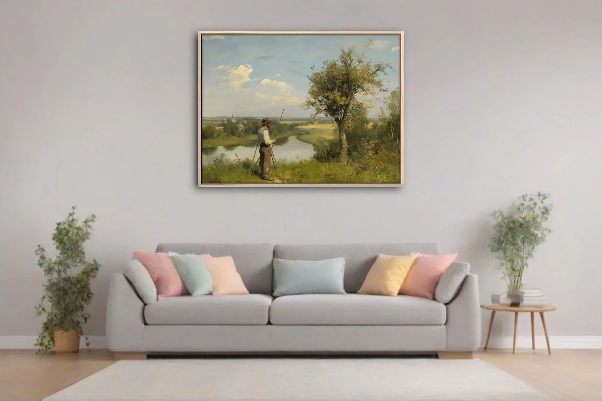 Soft painterly pastoral landscape with figure above a river, sage and ochre tones under a breezy sky