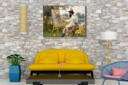 Soft painterly plein-air portrait of a bearded artist painting at an easel by a sunlit riverbank
