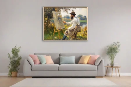 Soft painterly plein-air portrait of a bearded artist painting at an easel by a sunlit riverbank