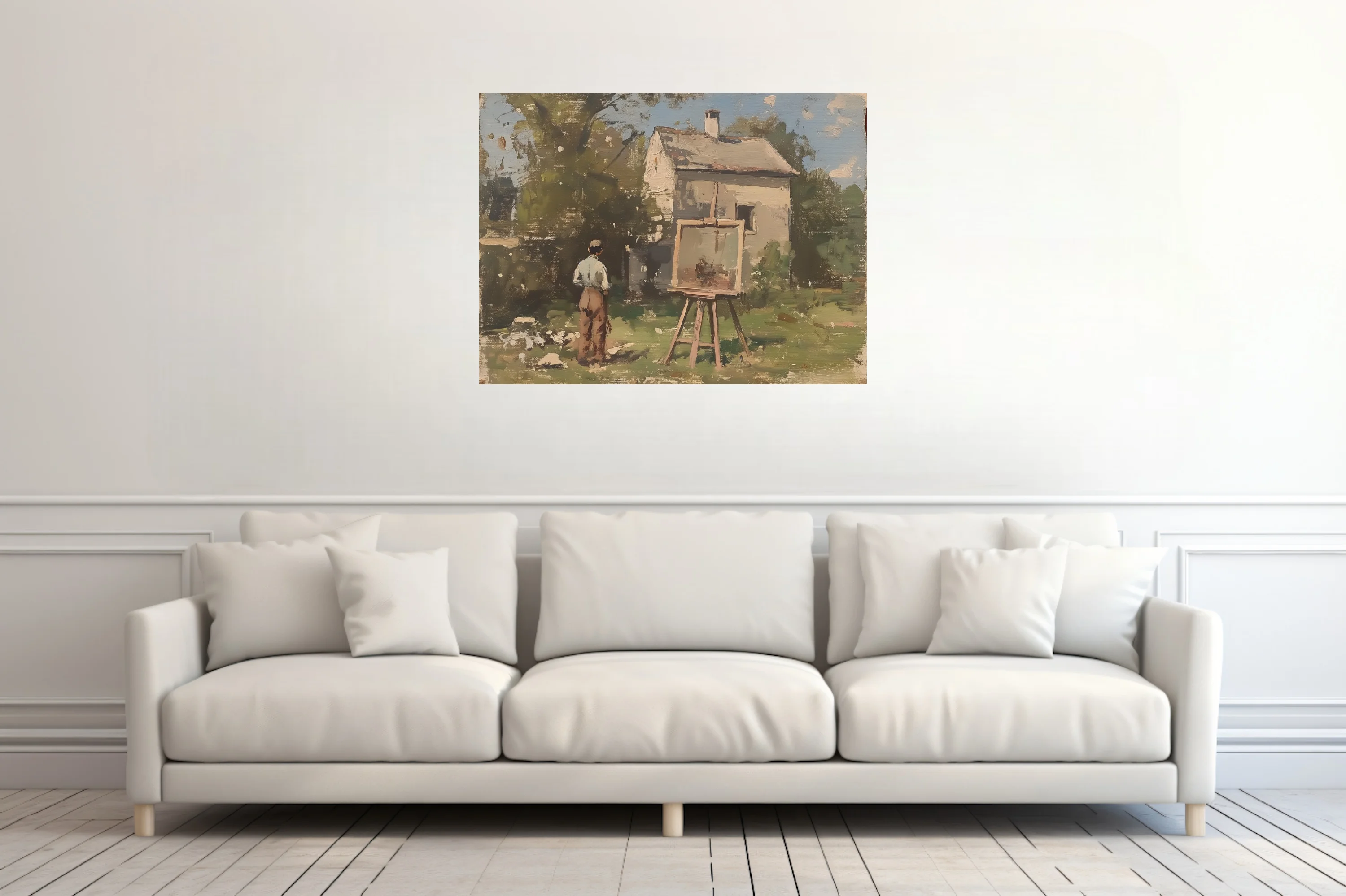 Soft painterly plein-air scene of an artist at an easel before a white cottage, earthy greens and warm umbers