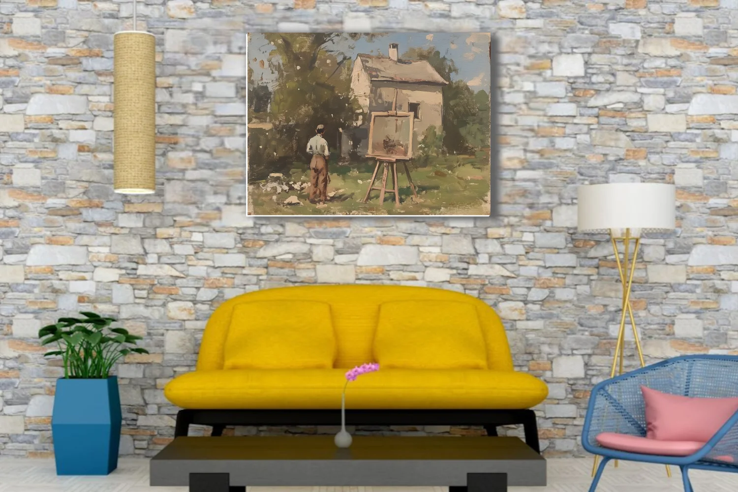 Soft painterly plein-air scene of an artist at an easel before a white cottage, earthy greens and warm umbers