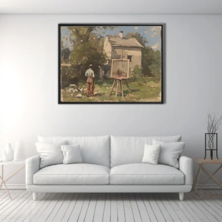 Soft painterly plein-air scene of an artist at an easel before a white cottage, earthy greens and warm umbers