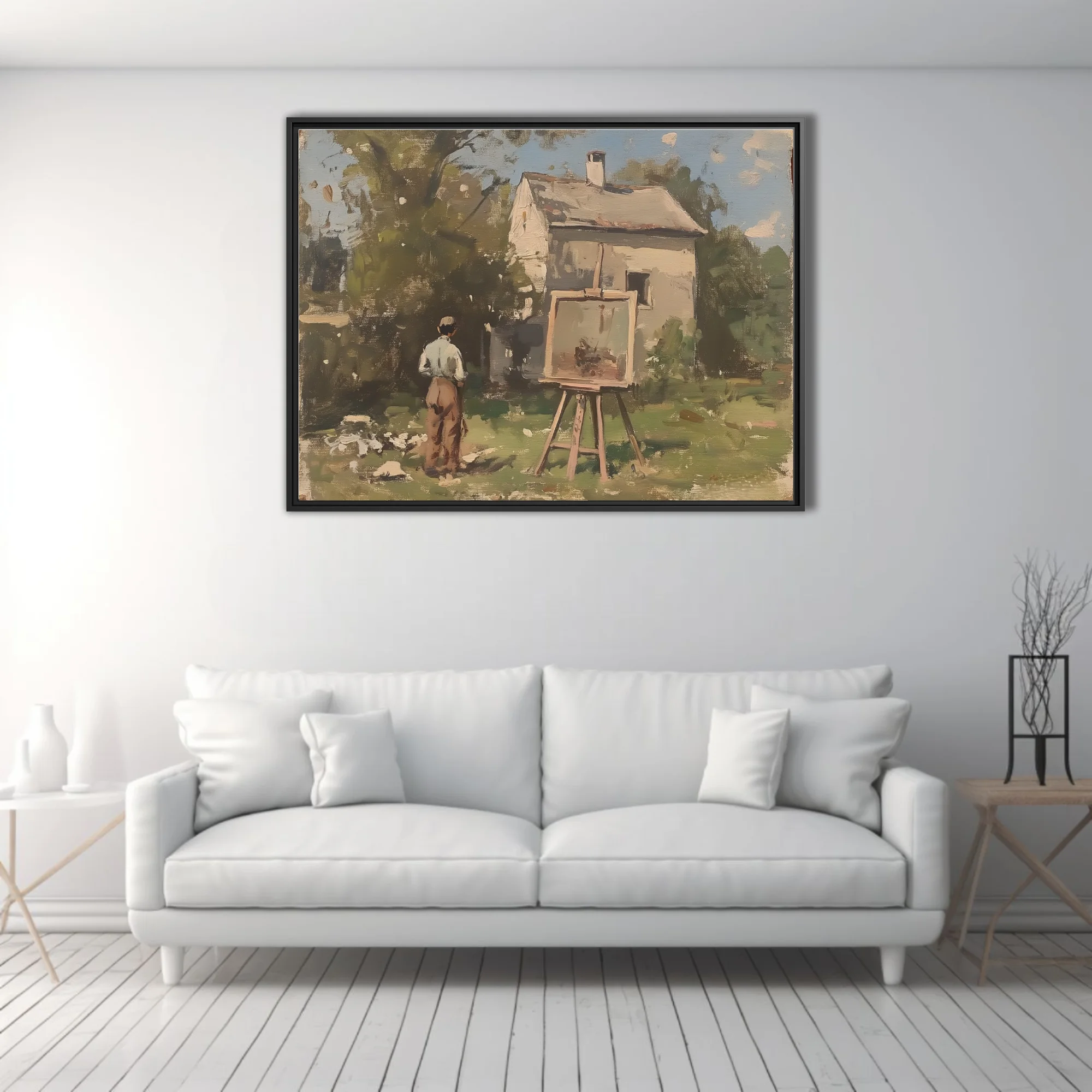 Soft painterly plein-air scene of an artist at an easel before a white cottage, earthy greens and warm umbers