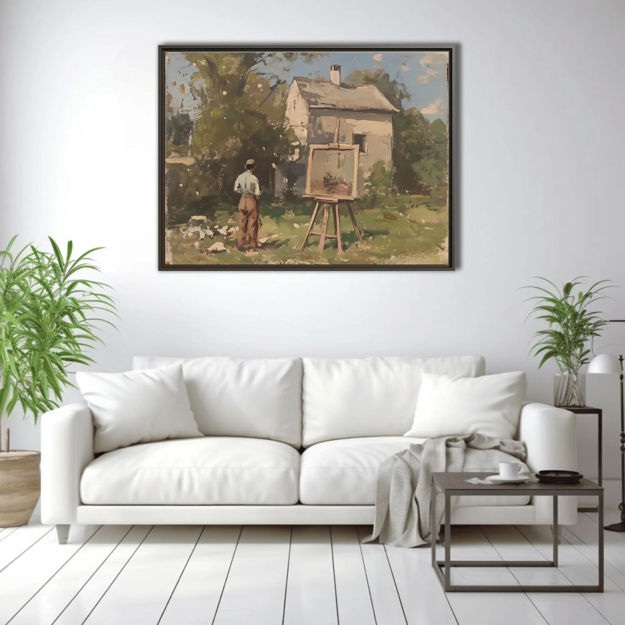 Soft painterly plein-air scene of an artist at an easel before a white cottage, earthy greens and warm umbers