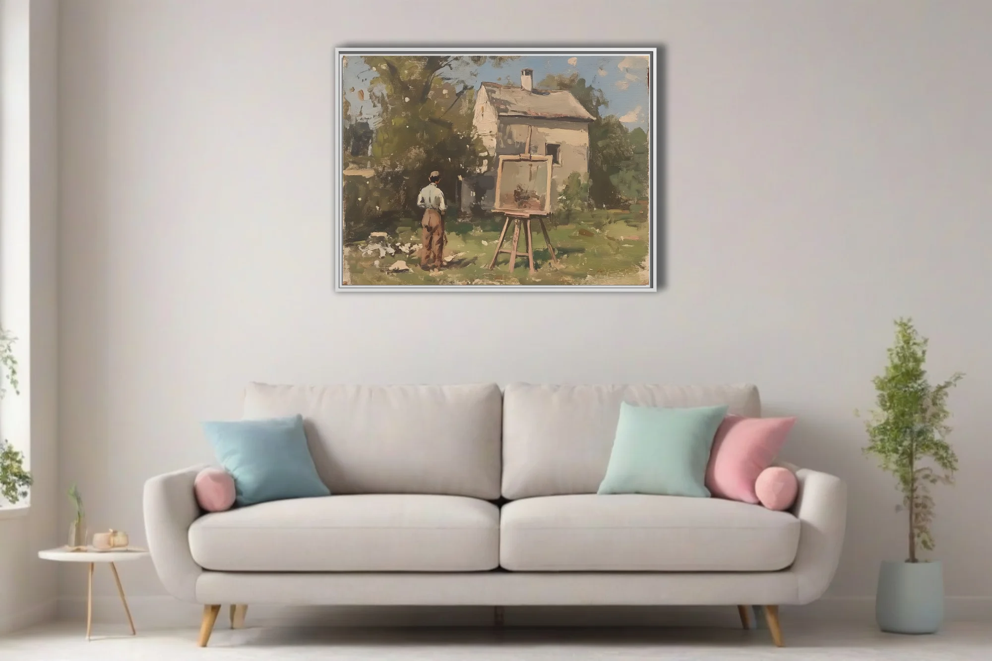 Soft painterly plein-air scene of an artist at an easel before a white cottage, earthy greens and warm umbers