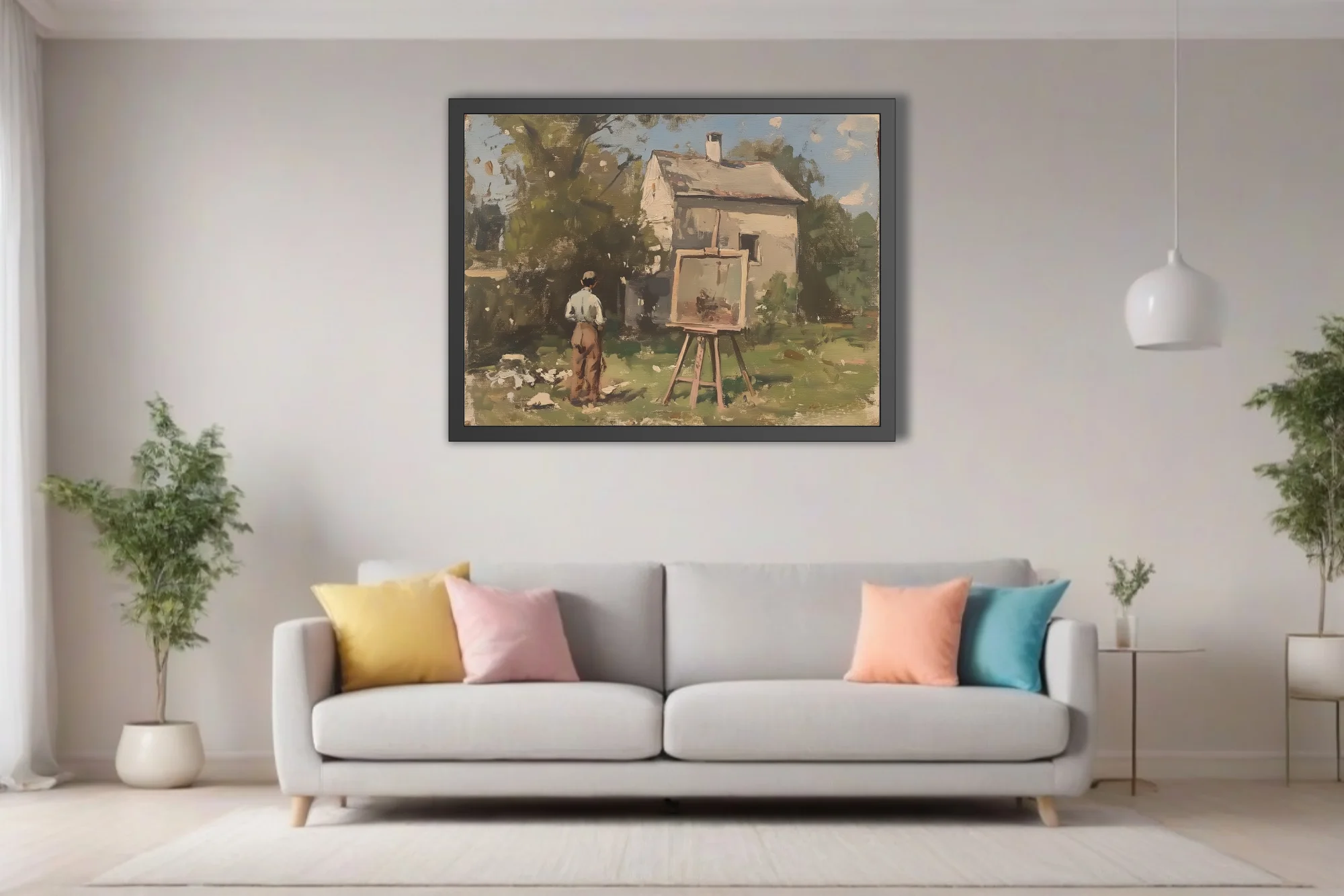 Soft painterly plein-air scene of an artist at an easel before a white cottage, earthy greens and warm umbers