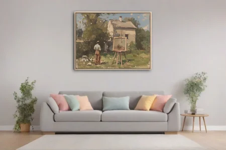 Soft painterly plein-air scene of an artist at an easel before a white cottage, earthy greens and warm umbers
