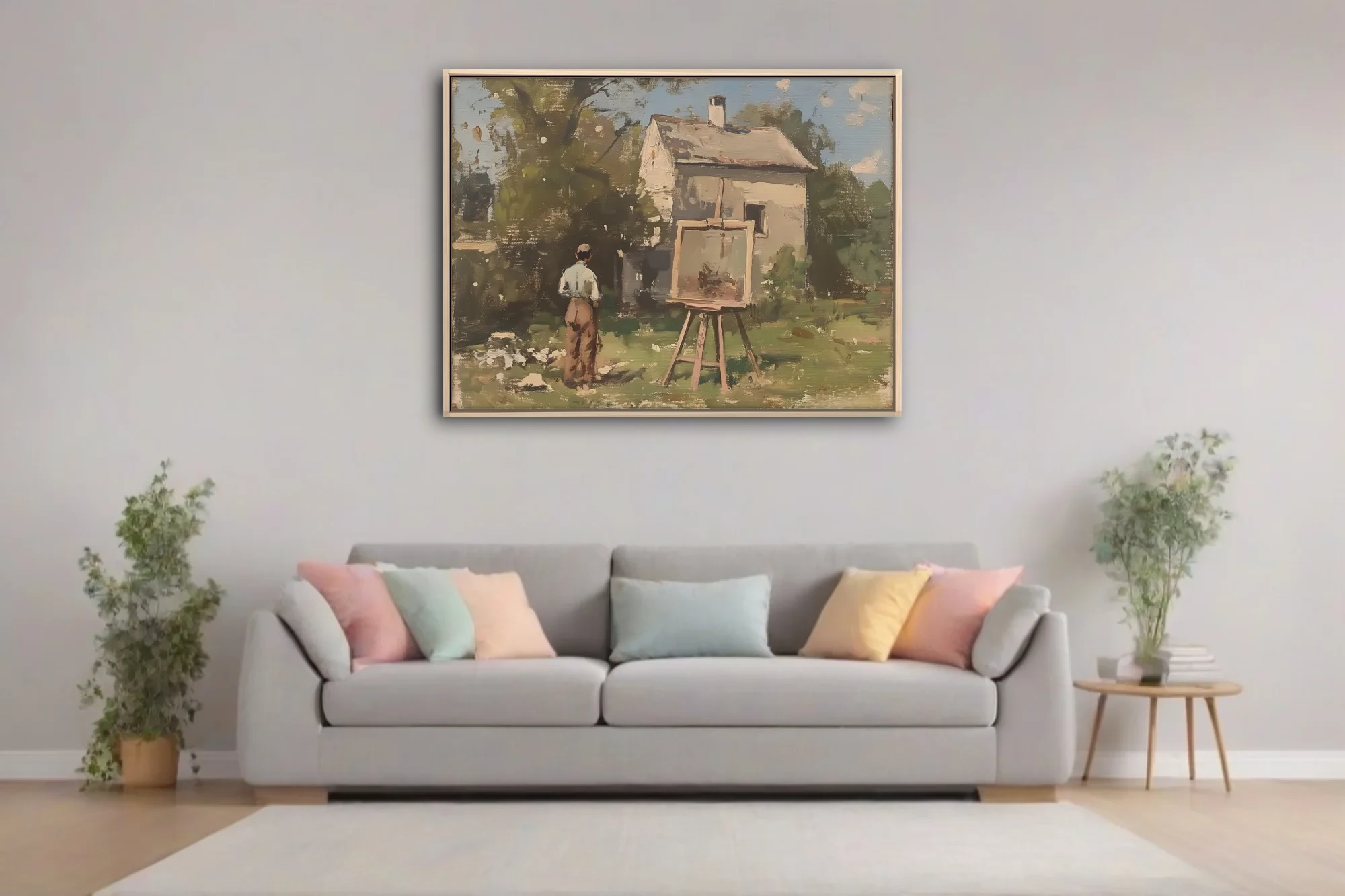 Soft painterly plein-air scene of an artist at an easel before a white cottage, earthy greens and warm umbers