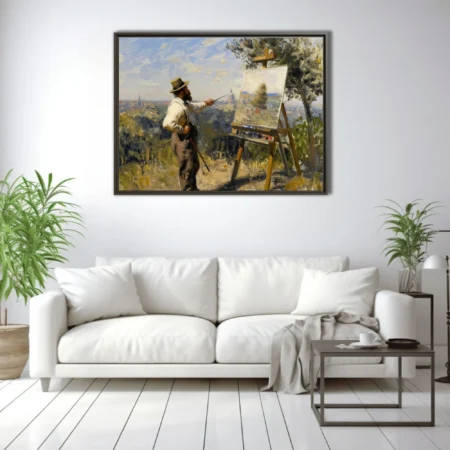 Soft painterly plein-air artist at easel, ochre and sage palette, 19th-century scene