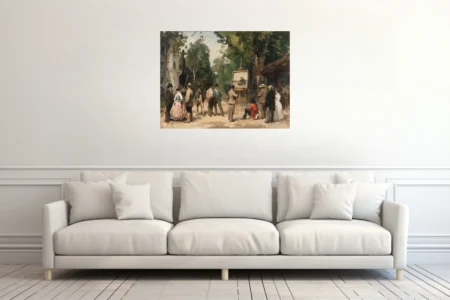 Soft painterly plein-air scene with figures gathered around an easel in earthy greens and ochres