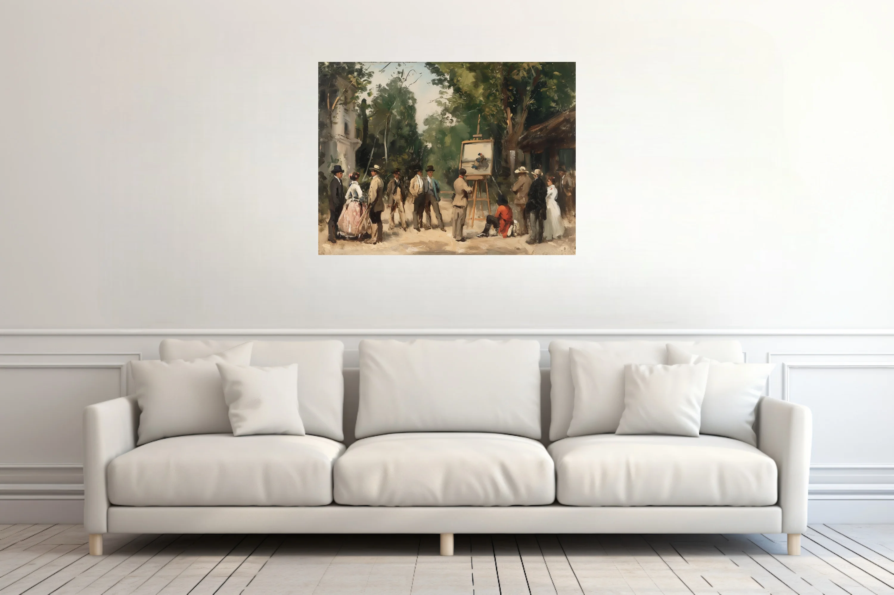 Soft painterly plein-air scene with figures gathered around an easel in earthy greens and ochres