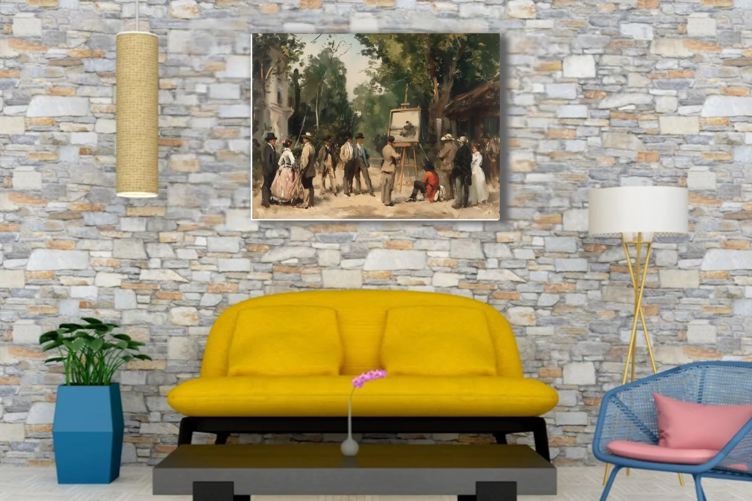 Soft painterly plein-air scene with figures gathered around an easel in earthy greens and ochres