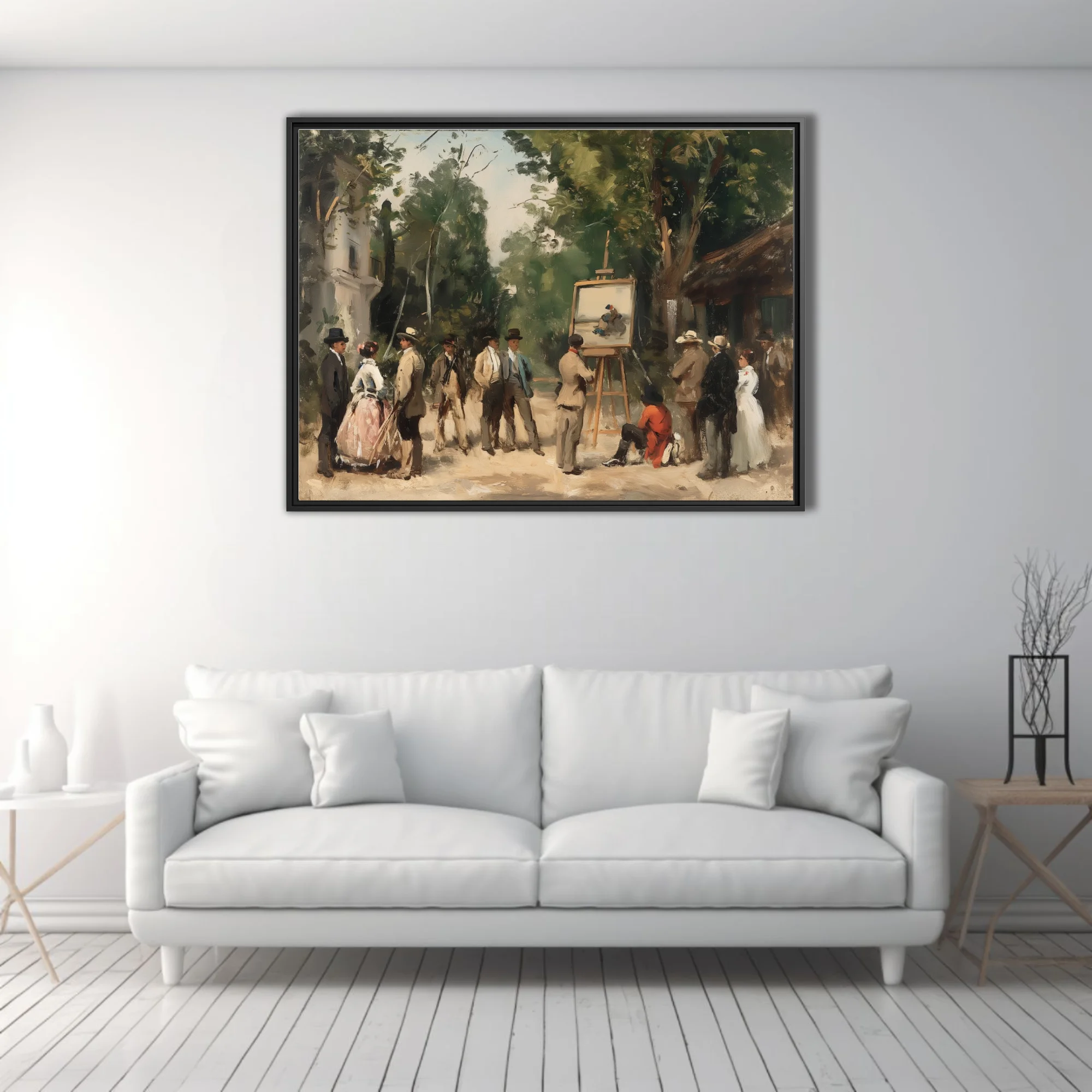 Soft painterly plein-air scene with figures gathered around an easel in earthy greens and ochres