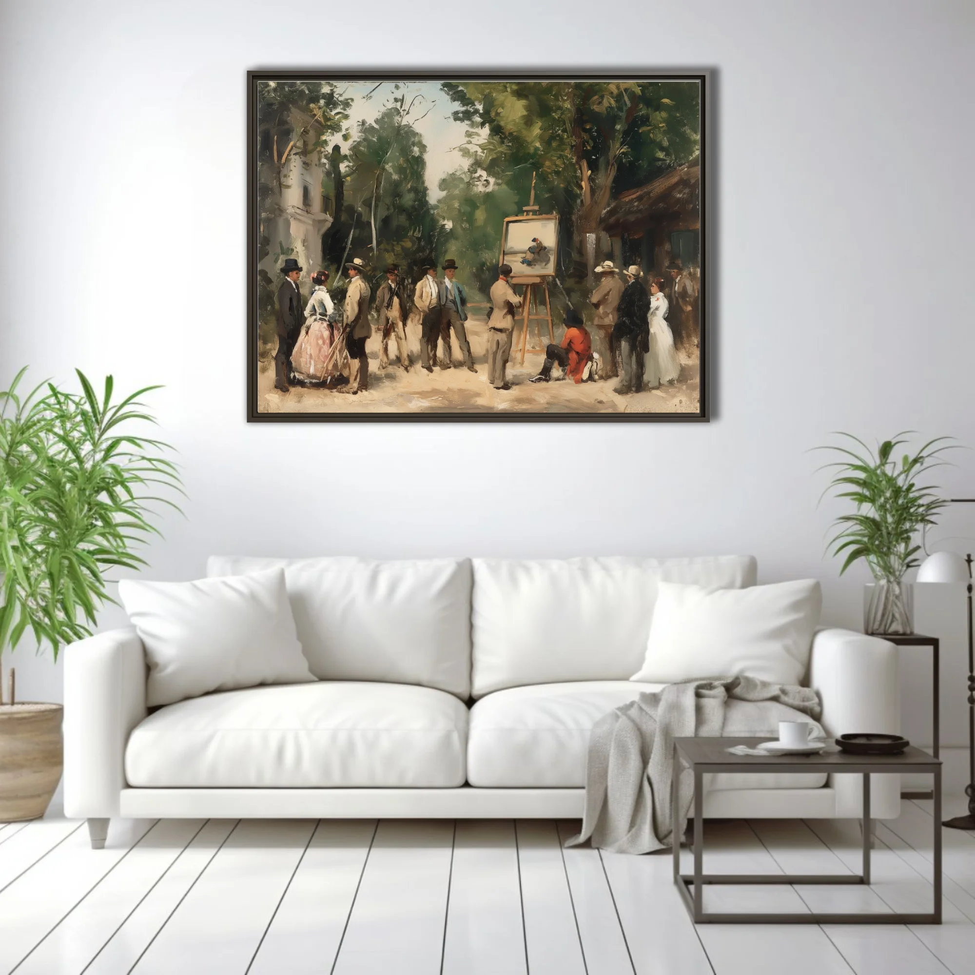 Soft painterly plein-air scene with figures gathered around an easel in earthy greens and ochres