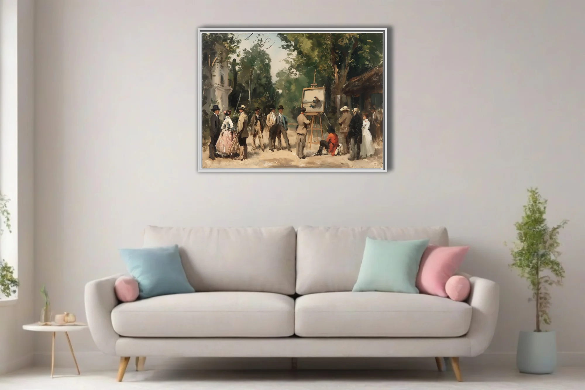 Soft painterly plein-air scene with figures gathered around an easel in earthy greens and ochres
