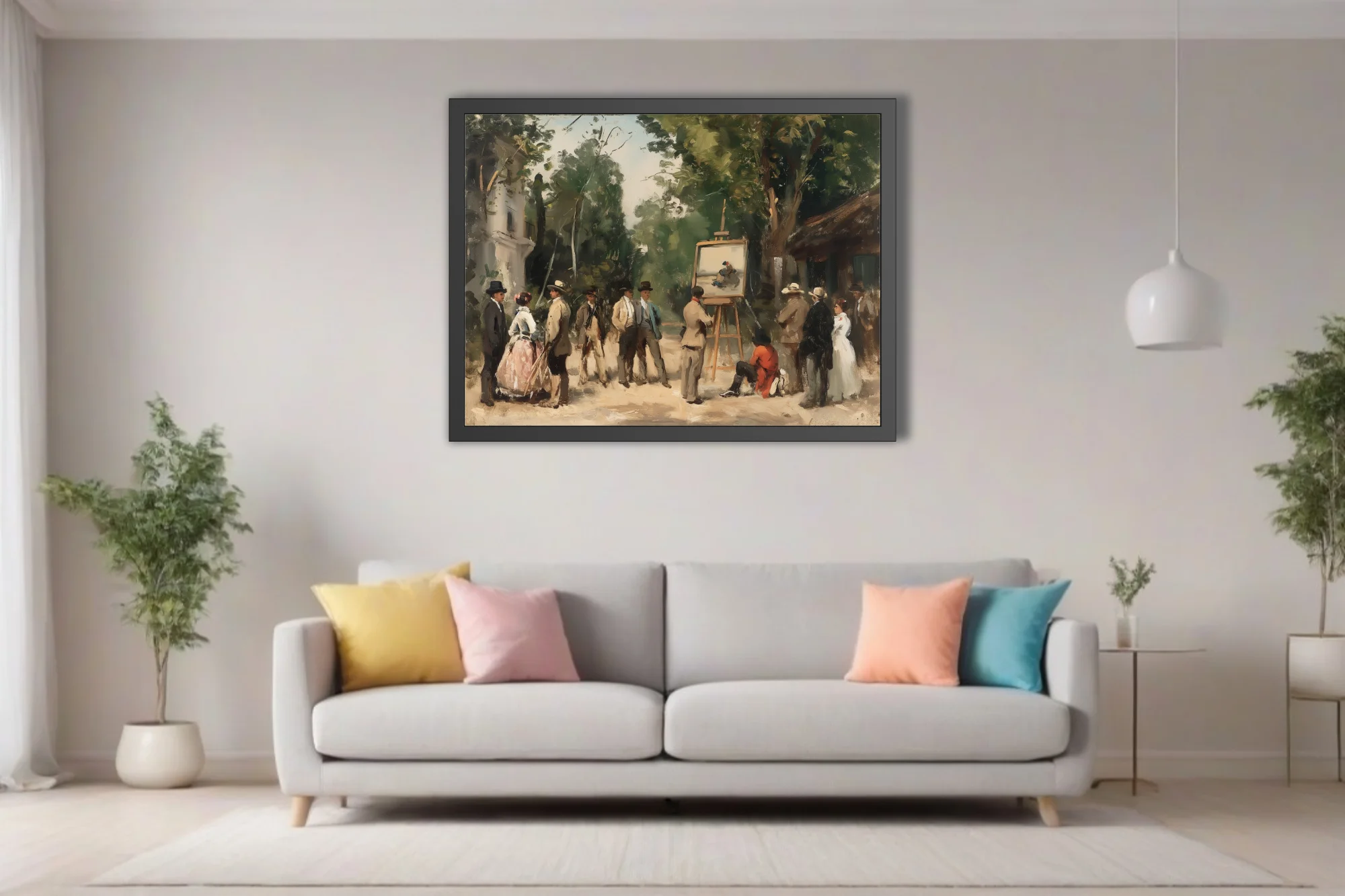Soft painterly plein-air scene with figures gathered around an easel in earthy greens and ochres