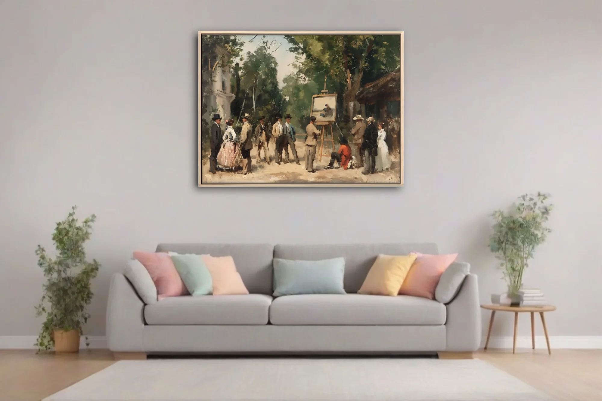 Soft painterly plein-air scene with figures gathered around an easel in earthy greens and ochres