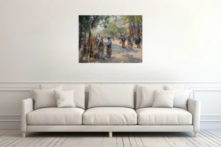 Soft painterly Parisian boulevard scene with artist at easel, leafy trees, period figures in dappled sunlight