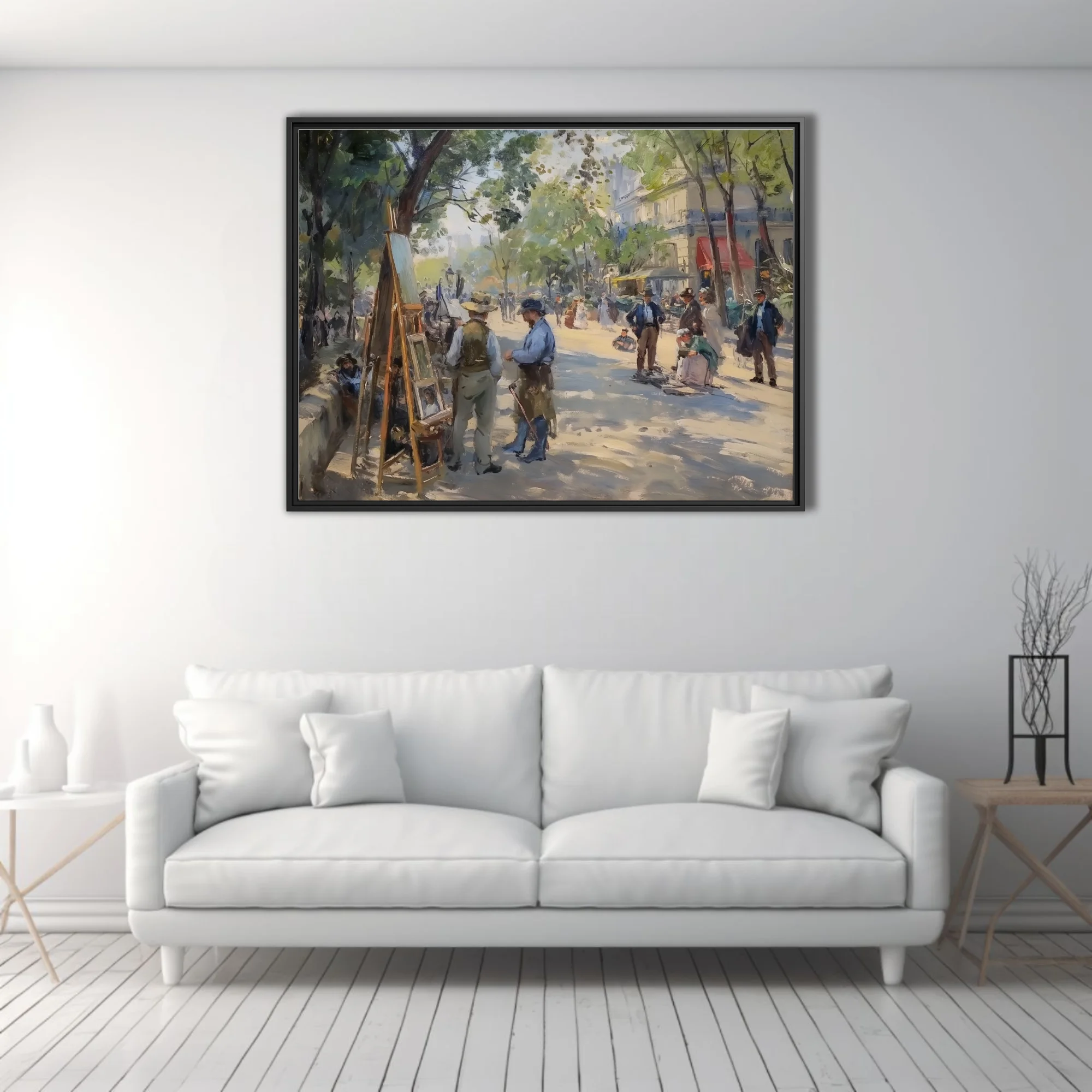 Soft painterly Parisian boulevard scene with artist at easel, leafy trees, period figures in dappled sunlight