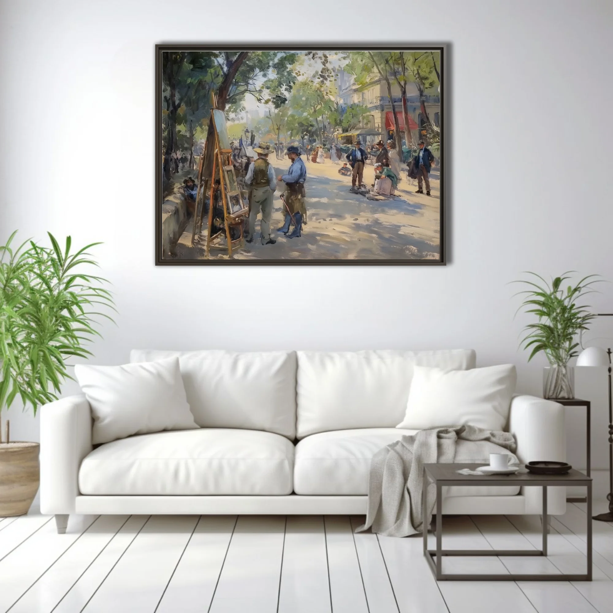 Soft painterly Parisian boulevard scene with artist at easel, leafy trees, period figures in dappled sunlight