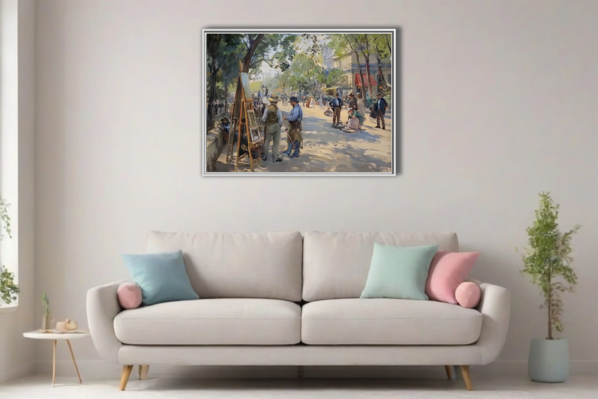 Soft painterly Parisian boulevard scene with artist at easel, leafy trees, period figures in dappled sunlight