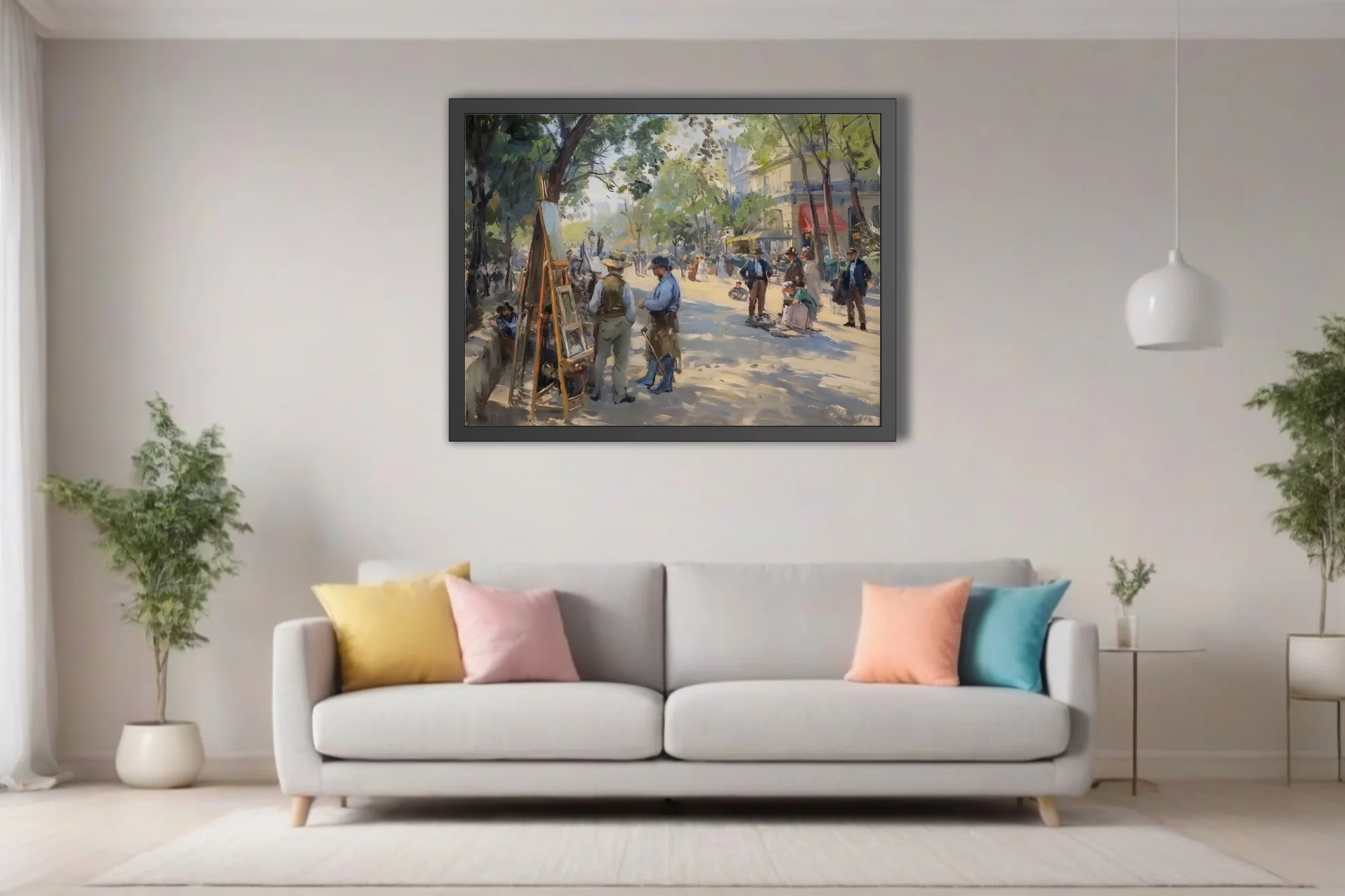 Soft painterly Parisian boulevard scene with artist at easel, leafy trees, period figures in dappled sunlight