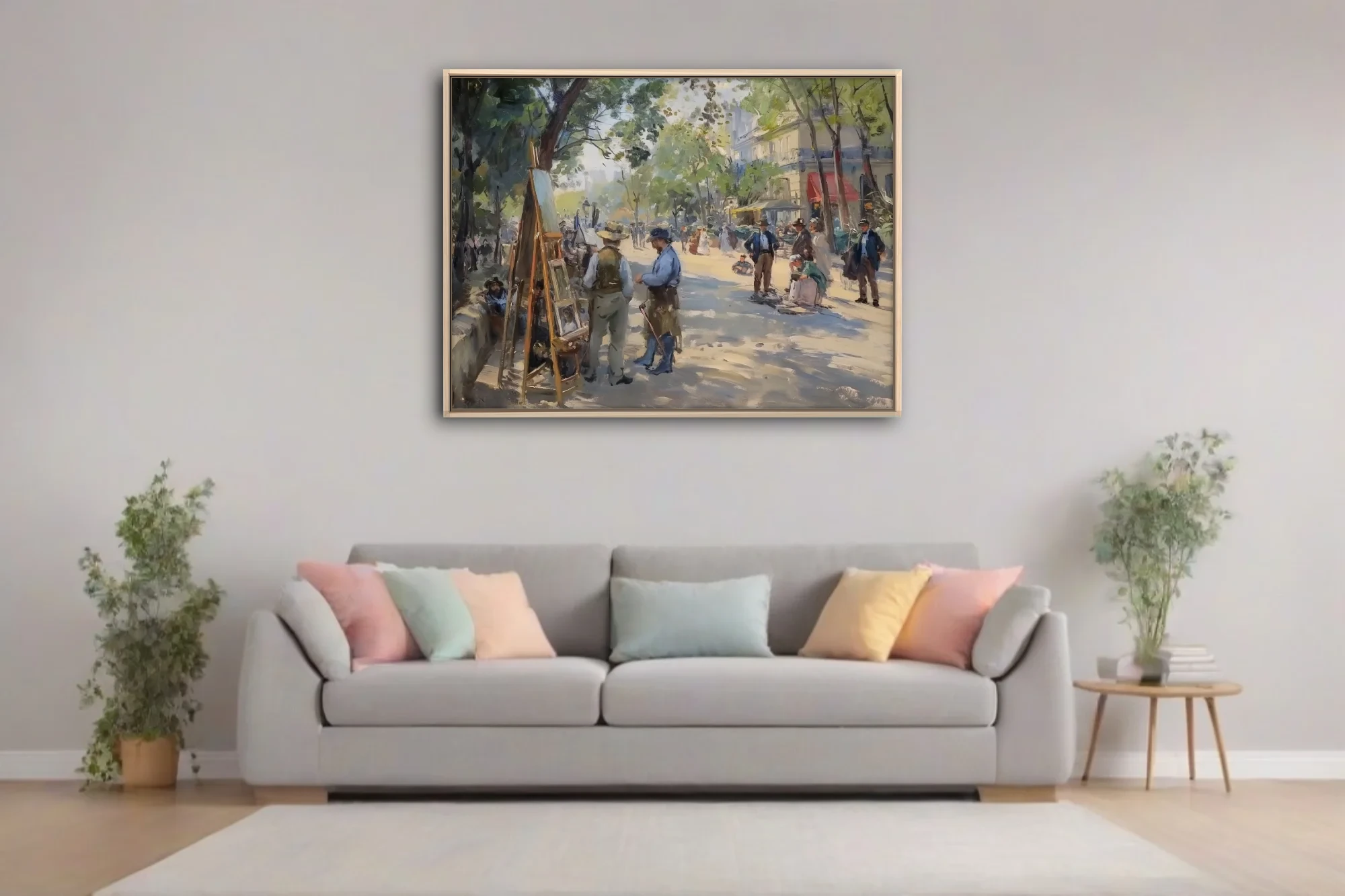 Soft painterly Parisian boulevard scene with artist at easel, leafy trees, period figures in dappled sunlight