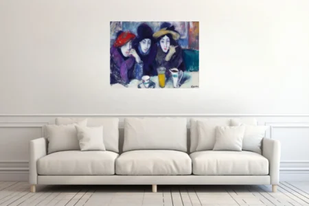 Expressive café scene with figures in hats, moody violets and blues, pastel-style portrait art