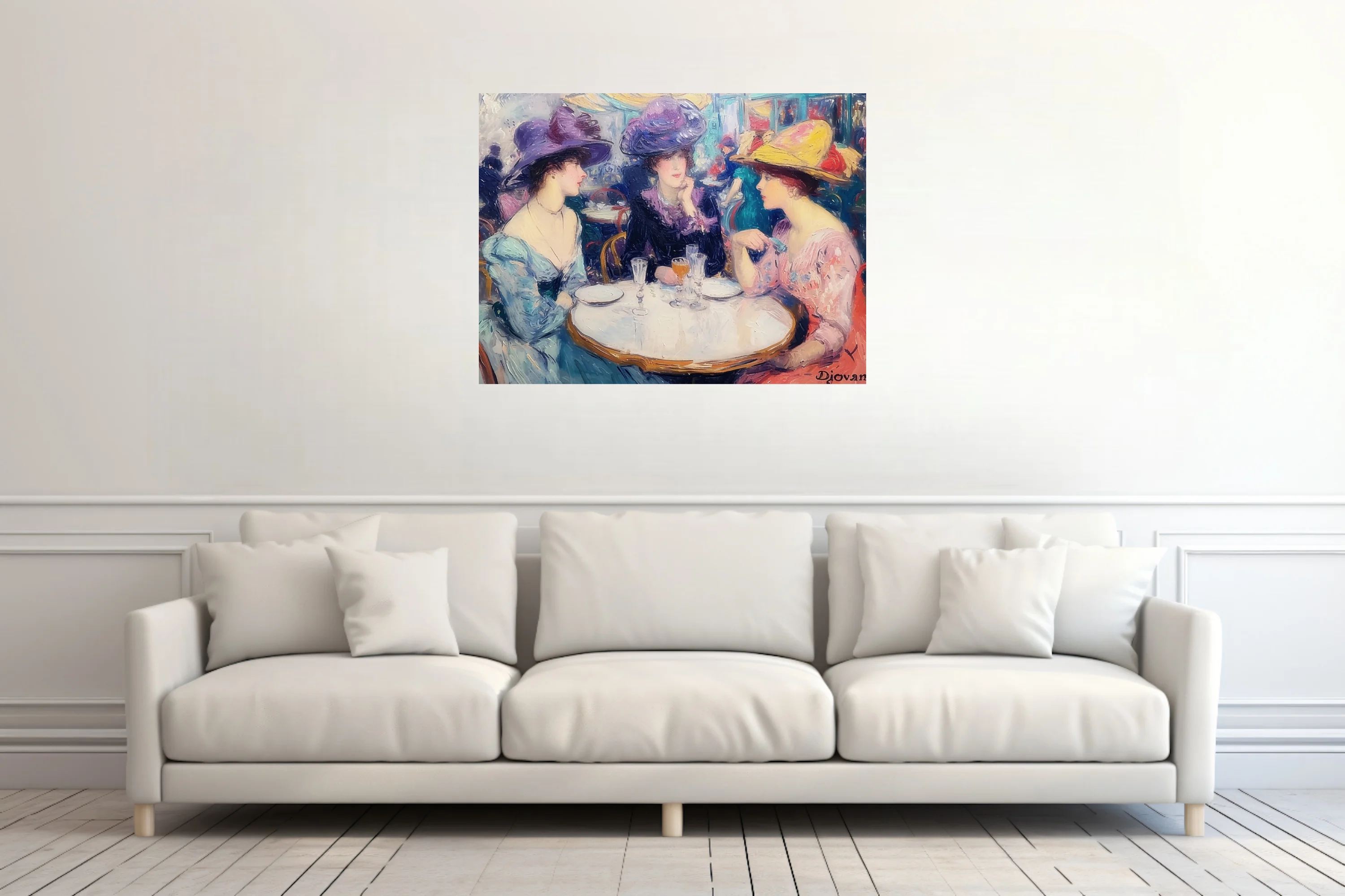 Soft painterly Parisian cafe scene with elegant women in plumed hats sharing champagne at a bistro table