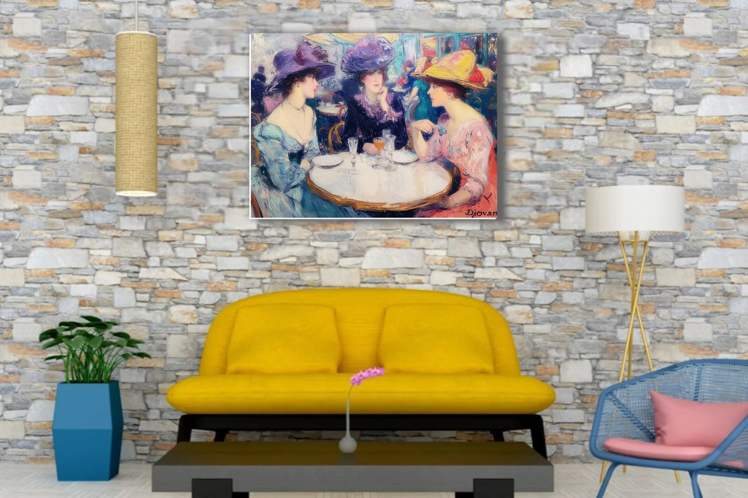 Soft painterly Parisian cafe scene with elegant women in plumed hats sharing champagne at a bistro table