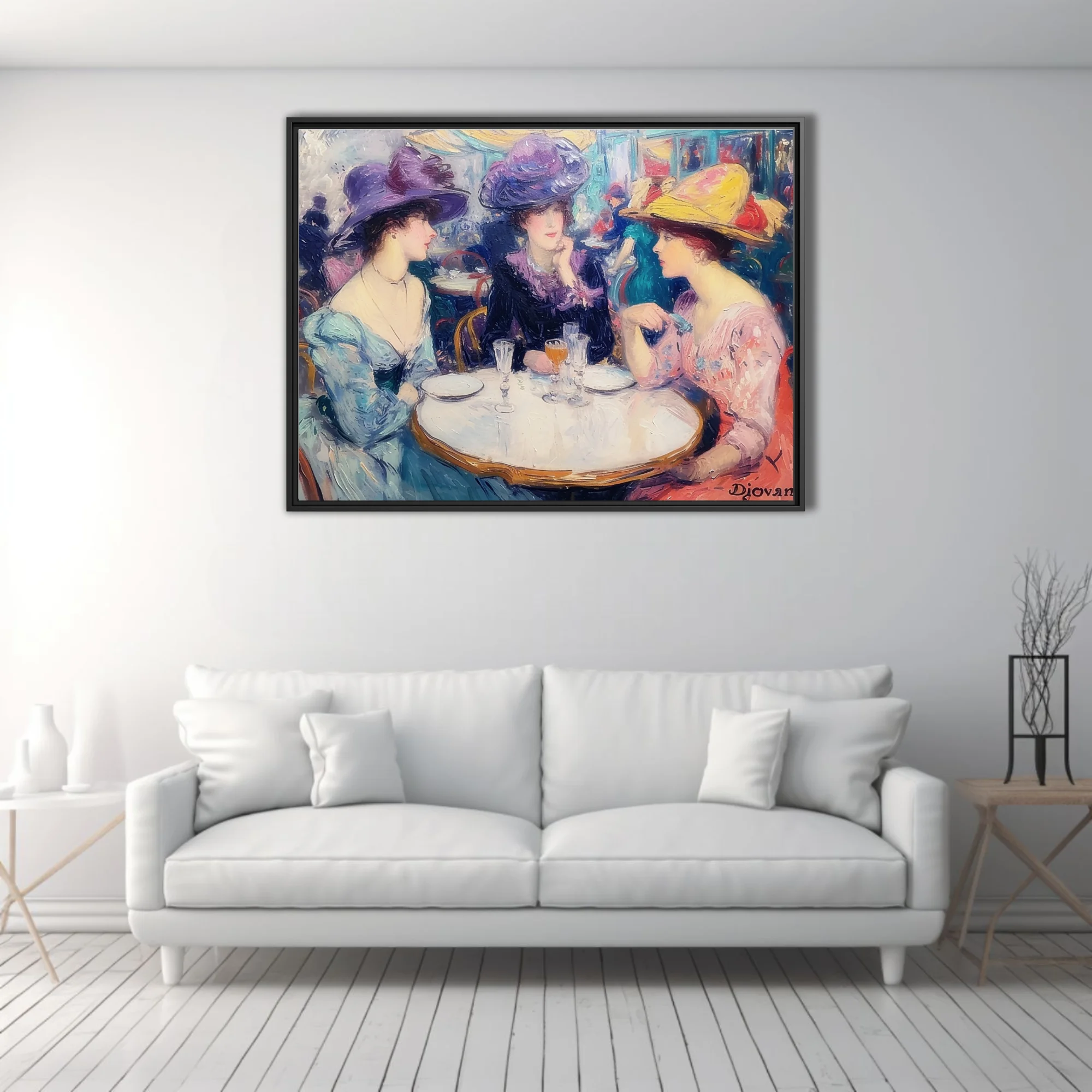 Soft painterly Parisian cafe scene with elegant women in plumed hats sharing champagne at a bistro table