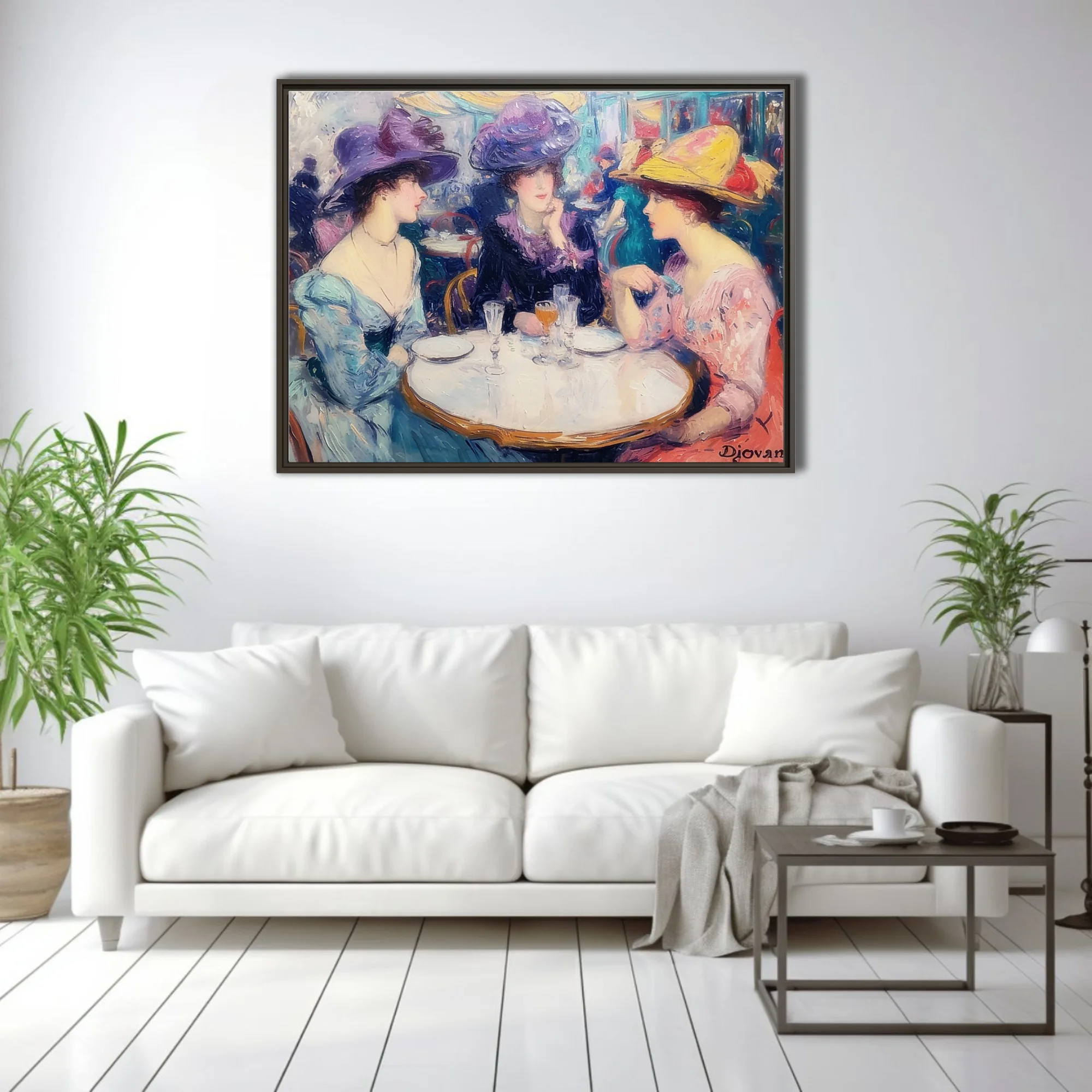Soft painterly Parisian cafe scene with elegant women in plumed hats sharing champagne at a bistro table