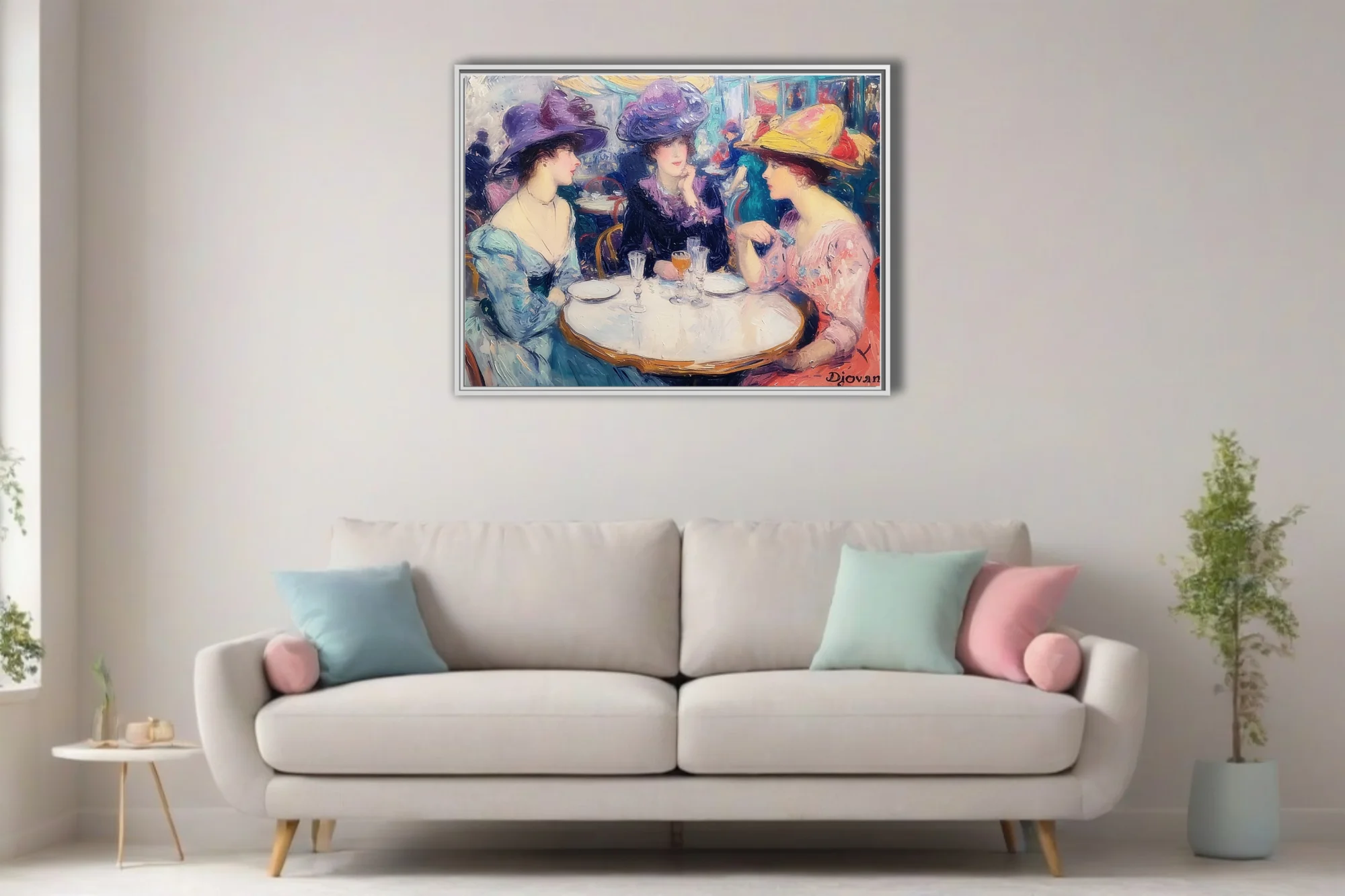 Soft painterly Parisian cafe scene with elegant women in plumed hats sharing champagne at a bistro table