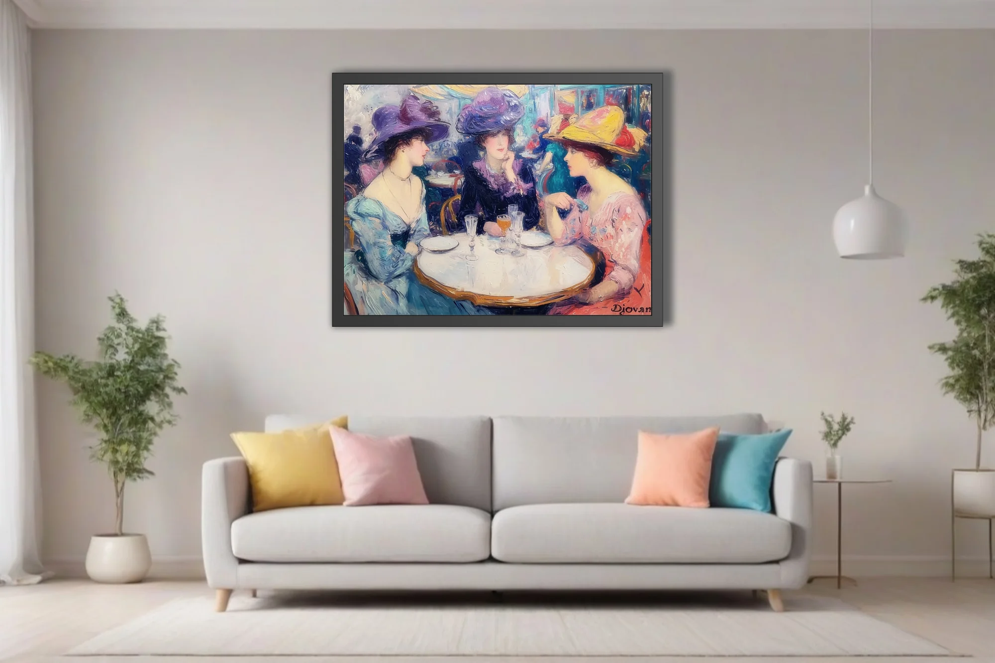 Soft painterly Parisian cafe scene with elegant women in plumed hats sharing champagne at a bistro table