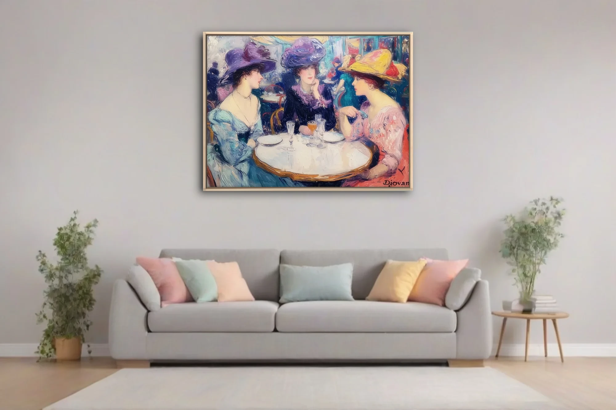Soft painterly Parisian cafe scene with elegant women in plumed hats sharing champagne at a bistro table