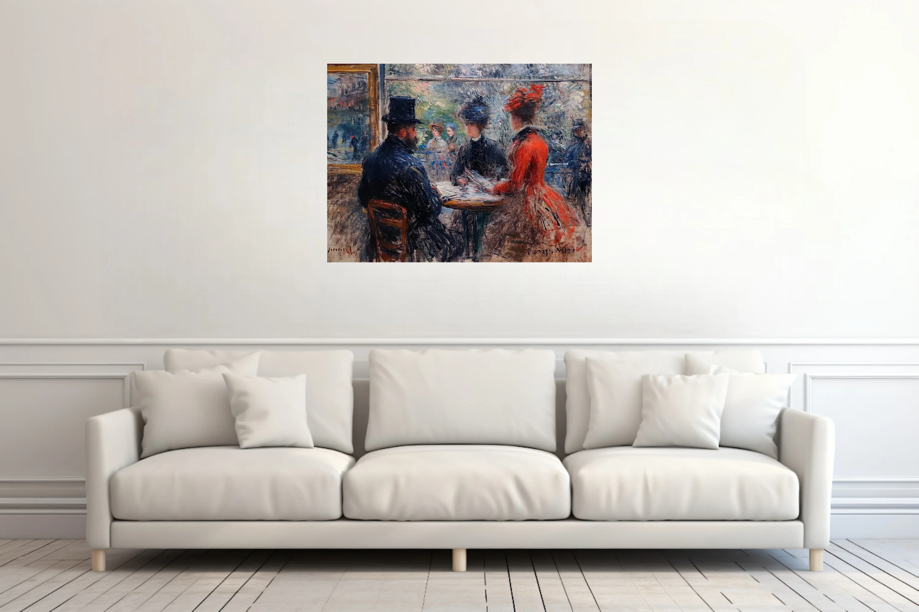 Soft painterly Parisian café scene with seated figures, top hat, red dress, dappled boulevard view