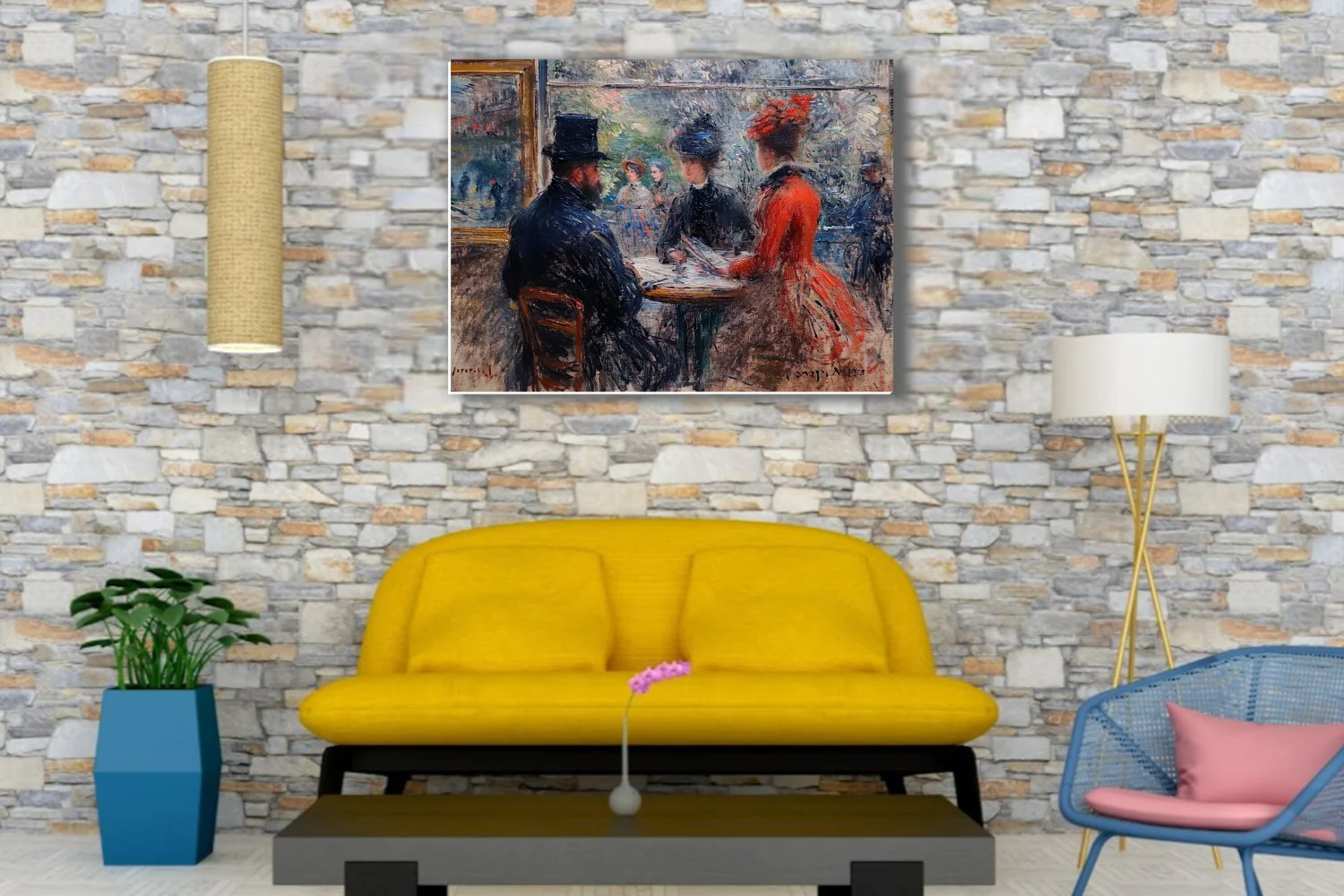 Soft painterly Parisian café scene with seated figures, top hat, red dress, dappled boulevard view