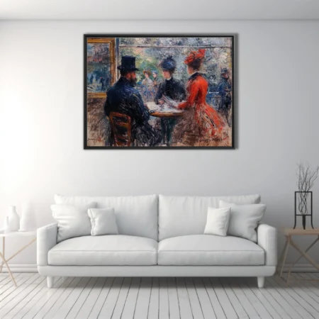 Soft painterly Parisian café scene with seated figures, top hat, red dress, dappled boulevard view